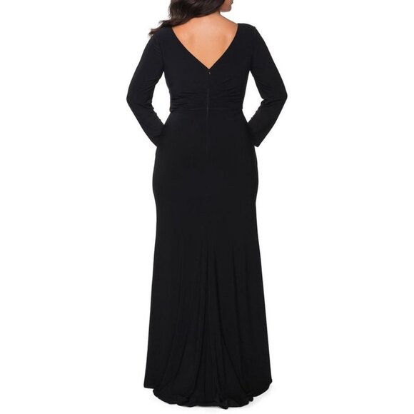 La Femme Black Long Sleeve Faux Wrap Gown - Picture 2 of 3